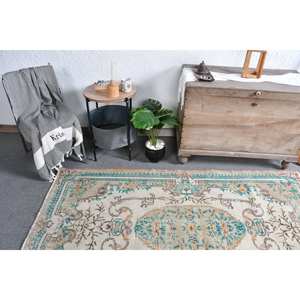 Classique Beige Bleu Vintage Tapis Turc 3.9 X 6.8ft À La Main Patchwork Conception Laine Bambou Soie Matériel Latex Support pour Vivre - Product Image 3