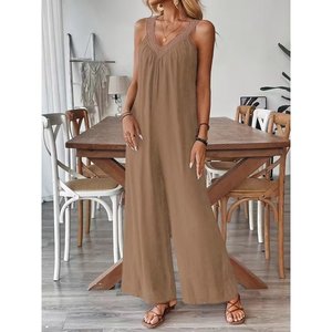 Jane's Women's Viscose Wide Leg Jumpsuit with Lace V-Neck and <b>Spaghetti</b> Straps, Relaxed Fit Casual One-Piece Outfit - Product Image 2