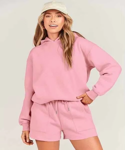 Ensemble deux pièces pour femmes, short à capuche uni au-dessus du genou, coupe décontractée, 100% coton, respirant, vêtements décontractés d'été - Product Image 2