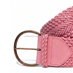 Cinturón de Cuero Genuino Trenzado Rosa de 50 mm de Ancho con Logotipo Personalizado para Mujer, Hebilla de Aleación, Cinturón de Vestir a la Moda - Product Image 2