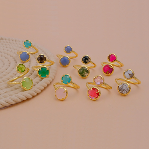 Anillo chapado en oro con banda abierta de Calcedonia de Perú de ópalo azul doble para mujer, anillos de piedras preciosas ajustables antideslustre hechos a mano - Product Image 6