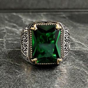 Men's Vintage Style 925k Sterling <b>Silver</b> <b>Ring</b> with <b>Emerald</b> Green Zircon Gemstone Handmade 925k Sterling Si Jewelry - Product Image 2