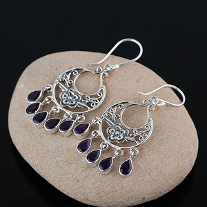 Boucles d'oreilles pendantes en améthyste, argent sterling 925 massif, coupe ronde brillante, unisexe, plaqué or, bijoux tendance - Product Image 2