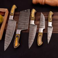 Set Pisau Dapur 5 Buah Baja Damaskus Tempa Tangan dengan Gagang Kayu dan Sarung Kulit OEM