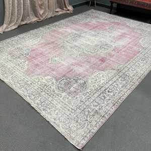 พรมวินเทจตุรกีขนาด 7.9x11 ฟุต พรมขนาดใหญ่ พรมขนสัตว์สีชมพู - Product Image 5