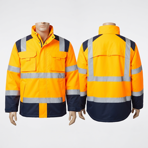 Veste de travail de sécurité en polyester et cuir, 300 grammes, résistante, hiver, boutonnée, à capuche, orange, avec panneau réfléchissant, impression personnalisée - Product Image 1
