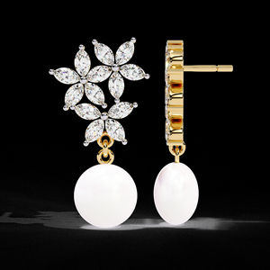 Brillante rama blanca hoja Marquesa corte laboratorio cultivado diamante Pave Stud pendientes para mujer moda boda joyería 14K oro - Product Image 1