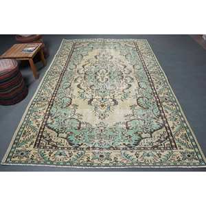 Vintage Turkish <b>Rug</b> 6.2 X 9.7ft Green Beige <b>Flat</b> Weave Wool Patchwork Pattern for Living Room Decorations Hallway Use Latex - Product Image 1