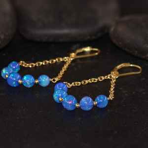 Boucles d'oreilles pendantes en opale bleue feu pour femmes, pierre précieuse en opale feu, fabrication artisanale, argent sterling 925 plaqué or 14 carats, cadeau - Product Image 3