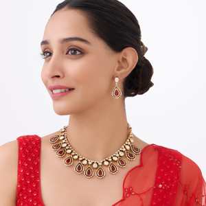 Kundan Water Drop <b>Necklace</b> 164015 Beaded Link Chain with Diamond and Pearl for Wedding Party or Engagement Gift for Her - Product Image 1