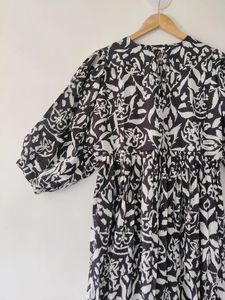 Casual Loose Fit Block Print Midi Dress Summer Mini vestido con cuello profundo y cierre de cuerda Ikat Print Cintura natural - Product Image 4