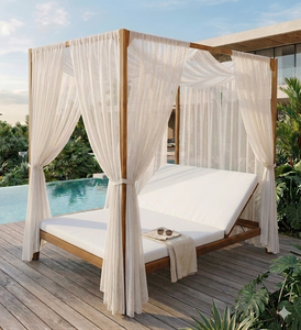 Lit de repos d'extérieur en teck avec coussin en mousse à mémoire de forme et dossier inclinable pour terrasse au bord de la piscine - Product Image 1