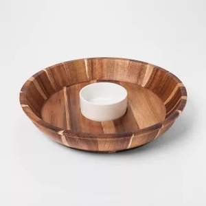 Round Wooden <b>Chip</b> and Dip <b>Tray</b> with Ceramic Bowl Stylish Acacia Wood Serving Platter for Snacks and Dips - Product Image 3