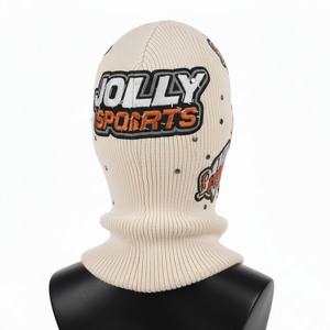 Pasamontañas de punto acanalado acrílico premium de 320 GSM, cubierta facial suave para invierno, beige, con logotipo de parche tejido personalizado para mujer. - Product Image 5