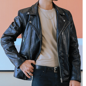 Chaqueta bomber de piel de cabra marrón personalizada para hombre con cuello levantado chaqueta de cuero genuino de moda con logotipo frontal - Product Image 3