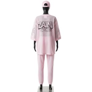 Conjunto de 2 piezas para mujer, tejido de malla ligero premium, 170 GSM, color rosa pastel, paneles con ribetes en el cuello y puños, logotipo personalizado con termoadhesivo. Conjuntos para mujer. - Product Image 2