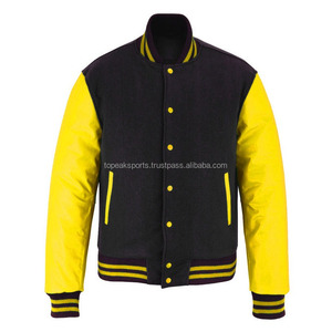 2026 OEM Men's Hot Selling Black <b>Wool</b> With <b>Yellow</b> Leather Sleeves Varsity Jacket 100%High Quality Low MOQ Heated Fashion Jackets - Product Image 1