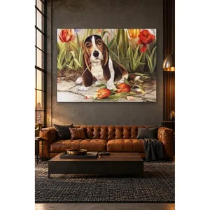 Chiot de Basset Hound de Fida avec une fleur dans la bouche dans un jardin de tulipes, impression sur toile - Product Image 1