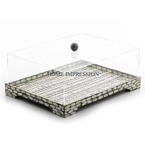 Support à gâteau carré en nacre et bois avec couvercle en acrylique avec bouton MOP Décoration de table de mariage Grands plateaux à dessert - Product Image 5