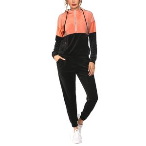 Sudadera de dos piezas con patrón sólido informal para mujer, Top con capucha de retazos y pantalones de Jogger con bolsillo de color de bloque para invierno - Product Image 3