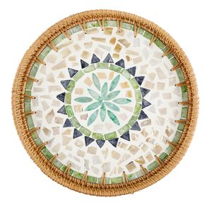 Plateau à poignée en nacre - Plateau de service en rotin fait à la main avec incrustation de mosaïque - Décoration bohème - Plateau rond de 35 cm Décoration de cuisine - Product Image 2
