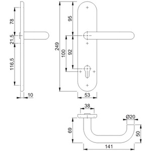 Paris E138F/3310 Demi-plateau long en acier inoxydable F69 PZ 92mm DIN Gauche/Droite HOPPE pour tapis de porte - Product Image 3