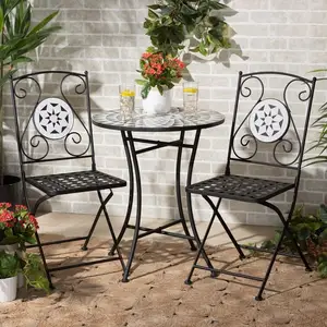 3件马赛克庭院小酒馆套装花园餐桌和2个庭院折叠椅户外谈话套装