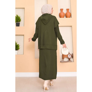 Conjunto de suéter con capucha color caqui y vestido de dos piezas con detalle de hiyab transpirable, atuendo elegante y cómodo - Product Image 6