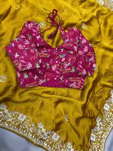 Designer Traditional Silk Wedding Sari with Embroidered <b>Lace</b> Piping Border Digital Print <b>Yellow</b> Silk Blouse Party Wear Elegance - Product Image 4