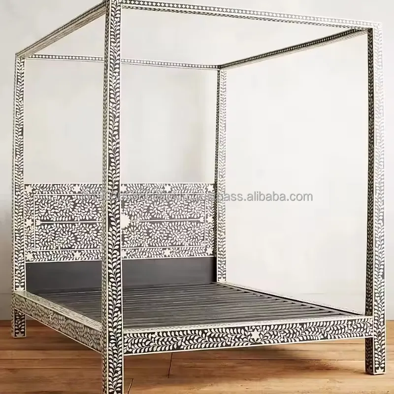 Handmade Black Bone Inlay Luxury Indian Solid Wooden Frame Latest Royal Single and Double Bed For Baby Bedroom Sets canopy bed