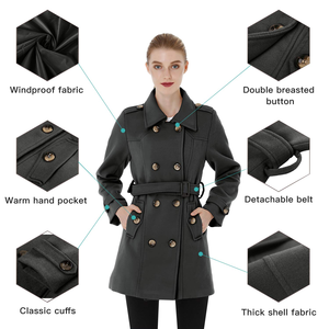 Abrigo de lana OEM para mujer con solapa con muescas, doble botonadura, estilo gabardina larga, tipo detective de invierno con cinturón desmontable - Product Image 4