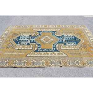 Grand tapis turc vintage 5,3x9,1 pieds, tapis en laine bleue - Product Image 2