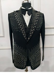 สูทสีดำปักลายสำหรับผู้ชายชุดทักซิโด้สำหรับงานแต่งงานกระดุมแถวเดียวทรงเข้ารูป3ชิ้นขนาดใหญ่พิเศษ - Product Image 4