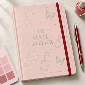 Carnet de notes personnalisé LABON A5 pour salon de manucure, rose blush, couverture rigide, avec motifs argentés et diagrammes de formes et de couleurs - Product Image 2
