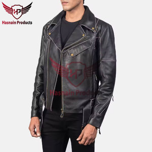 Mens Real Black Leather Jacket Asymmetrical Zip <b>White</b> Stitch <b>Belted</b> Waist Sheepskin Biker <b>Coat</b> Custom Vintage Winter Outerwear - Product Image 3