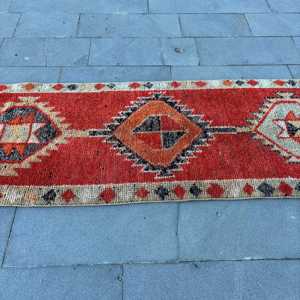 2.6x10.5 ft Rug, Vintage Turkish Rug, <b>Red</b> Orange Camouflage <b>Wool</b> Rug - Product Image 3
