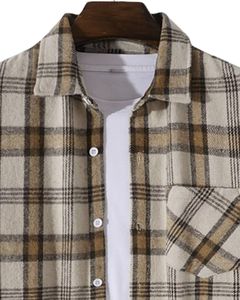 Custom Beige Brown Plaid <b>Flannel</b> <b>Shirt</b> <b>Men</b> Long Sleeve Button Down Casual Warm Soft Cotton Blend Overshirt <b>For</b> Winter CheckStyle - Product Image 4