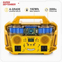 Station d'alimentation portable à énergie solaire 300W, haut-parleur Bluetooth Hi-Fi, lumières de fête, batterie LiFePO4 192Wh, radio FM, double prise AC