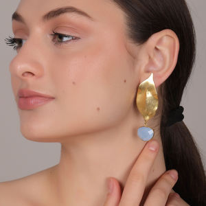 Dua Trendy <b>Blue</b> <b>Opal</b> Drop <b>Earrings</b> Handcrafted Brass 18K Gold Plated Wedding Statement Jewelry for Women - Product Image 6