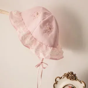 女婴粉色定制颜色连接蕾丝花式场合风格帽子厂家直销供应商纯棉可爱水桶夏季红宝石帽子