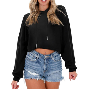 Haut court à capuche respirant et élégant pour femme, manches longues, couleur unie, style streetwear décontracté, 100 % coton - Product Image 1
