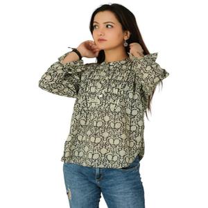 Blusa bohemia de manga corta con estampado de bloques de algodón para mujer, camisa ligera de verano, Top bohemio informal inspirado en Hippie - Product Image 1
