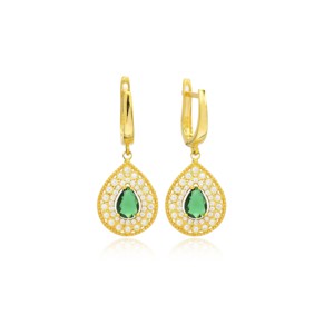 Pear Shape Dangle <b>Earrings</b> <b>Emerald</b> CZ Stone Handcrafted Wholesale Turkish 925 Sterling Silver Jewelry - Product Image 1
