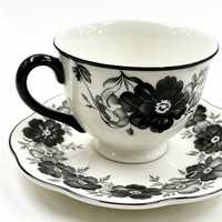 Ensemble tasse et soucoupe en céramique de 220 ml, blanc avec imprimé floral noir, tasse à thé et soucoupe pour le café, vaisselle de table