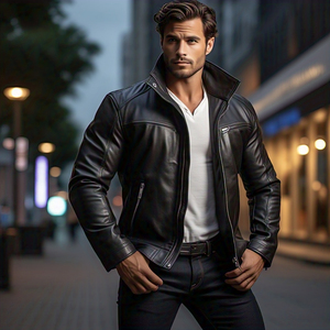 Vestes en cuir à fermeture éclair à col montant OEM Veste en cuir PU vintage pour hommes Veste en cuir avec poche poitrine style de rue pour hommes - Product Image 1