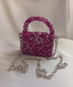 Shimmering holographic light <b>pink</b> beaded box <b>clutch</b> with a flap closure and single carry handle, available at wholesale prices. - Product Image 2