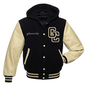 Veste noire Letterman Varsity Man avec corps à manches en cuir doré en laine véritable 100% pour homme de GLOVES City - Product Image 2