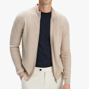 Vente en gros de pull à fermeture éclair pour hommes avec logo personnalisé Cardigan en tricot côtelé à col montant Pull en tricot d'automne minimaliste de luxe pour hommes - Product Image 4