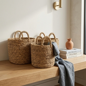 Juego de Cestas de Almacenamiento de Hierba Mendong Tejidas a Mano Naturales, Maceta Redonda Trenzada con Asa en Forma de Arco, Decoración para el Hogar, Diseño Artístico Puro - Product Image 6