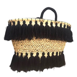 Sac fourre-tout bohème marocain fait main en paille avec pompons noirs, ouverture supérieure, doublure en coton, idéal pour la plage estivale pour femme - Product Image 3